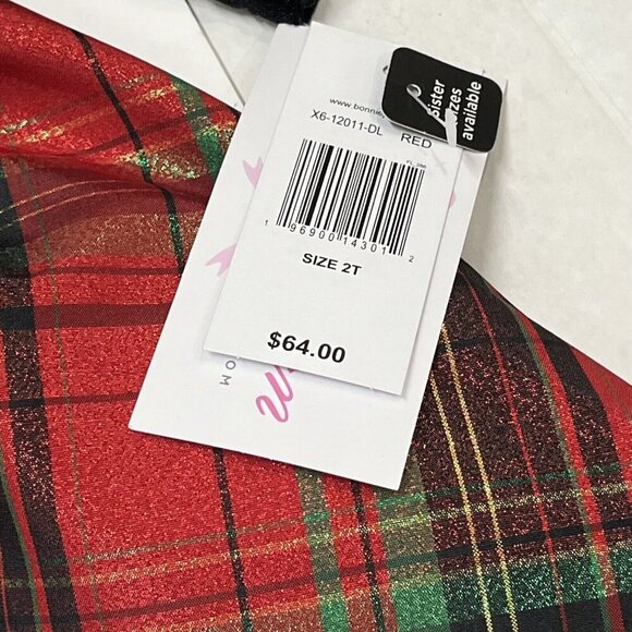 Bonnie Jean Holiday Dress Girls 2T Black Velvet Plaid Taffeta Green Glitter Bow - Picture 4 of 7